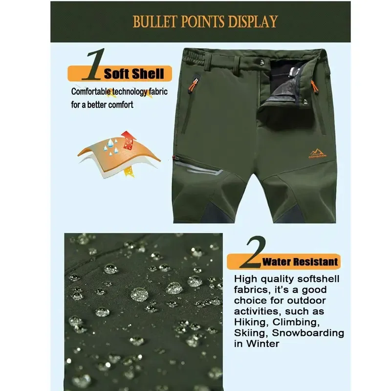 Men's Winter Pants Fleece Lined Ski Snow Pants Water Resistant 4 Zip Pockets Outdoor Work Pants FallFreshness Outdoorfun