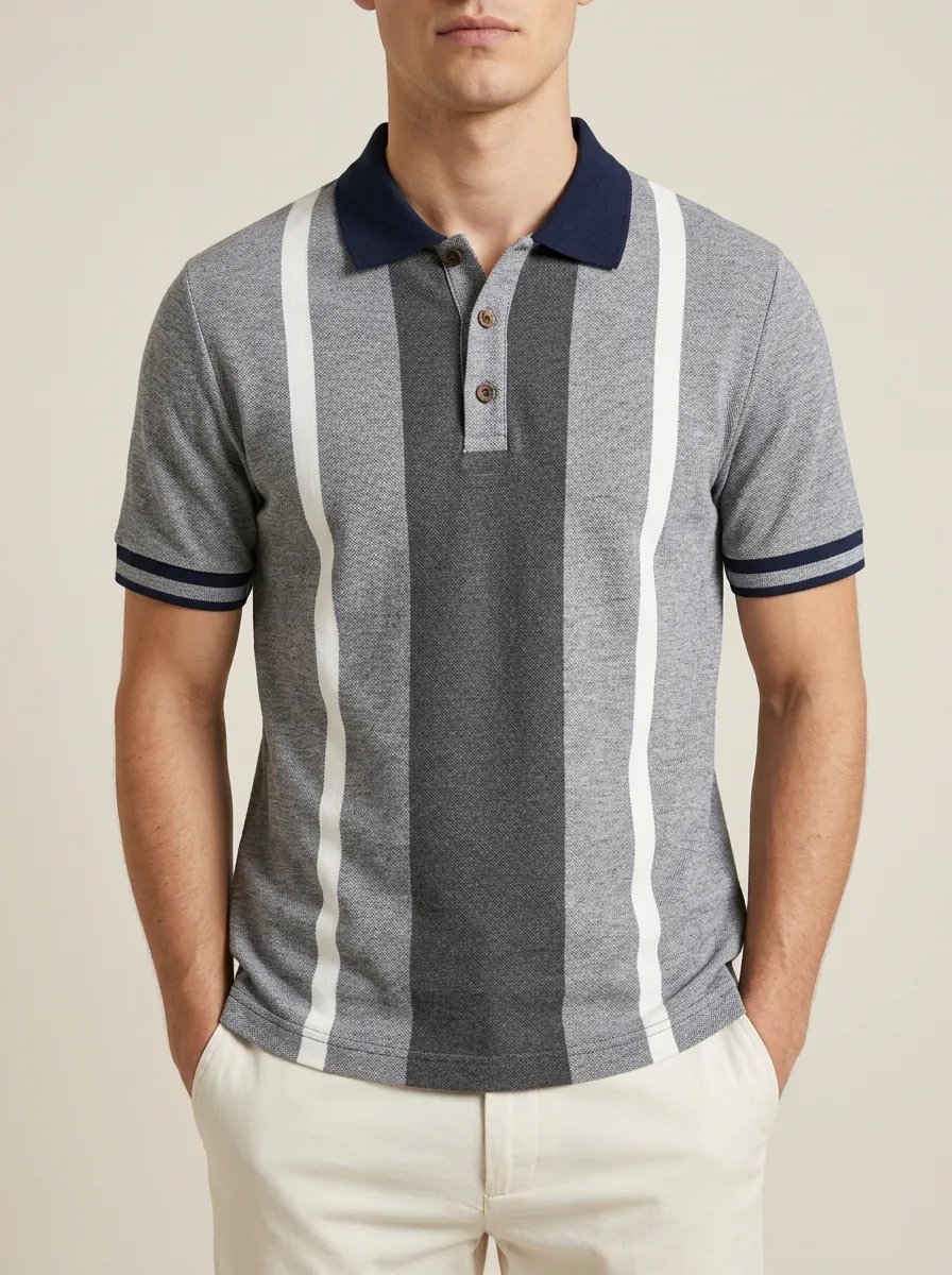 Men's Knit Ribbed Textured Vertical-Stripe Contrast-Collar Polo Shirt
