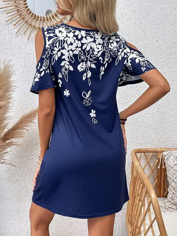 A Line Relaxed Flower Print Hollow Cold Shoulder Mini Dress