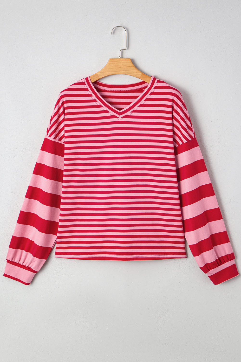 Women's Striped V Neck Drop Shoulder Pullover Top