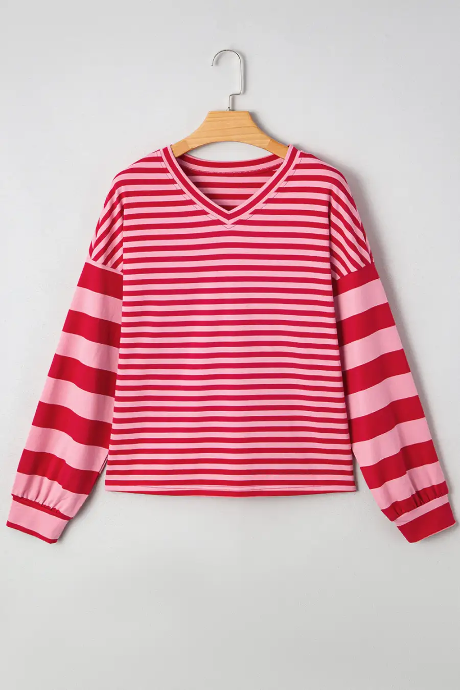 Women's Striped V Neck Drop Shoulder Pullover Top