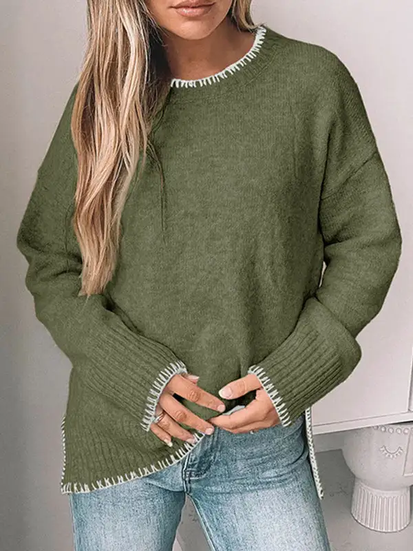 High Low Split Hem Paneled Round Neck Long Sleeve Pullover Sweater