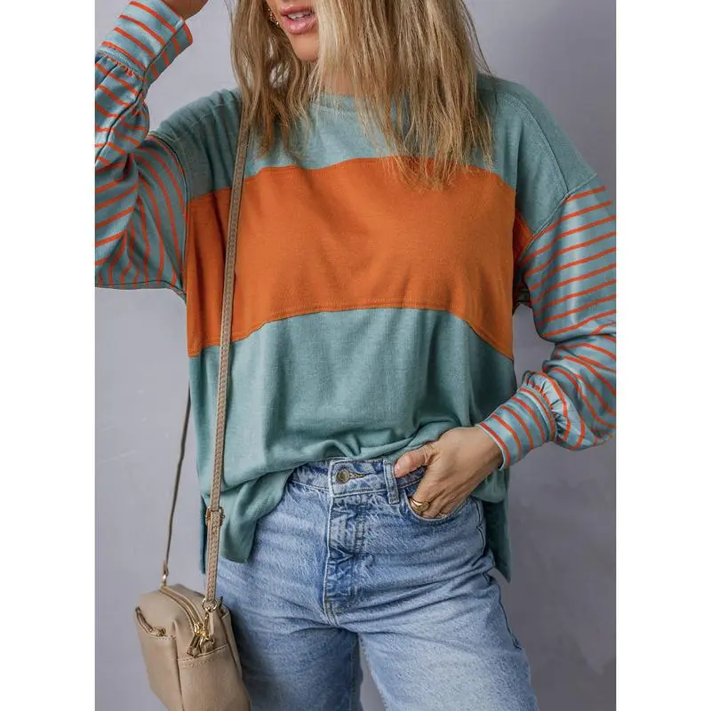 Long Sleeve Fall Tops Oversized 2025 Trendy Round Crew Neck Casual Color Block Womens Shirts Blouses