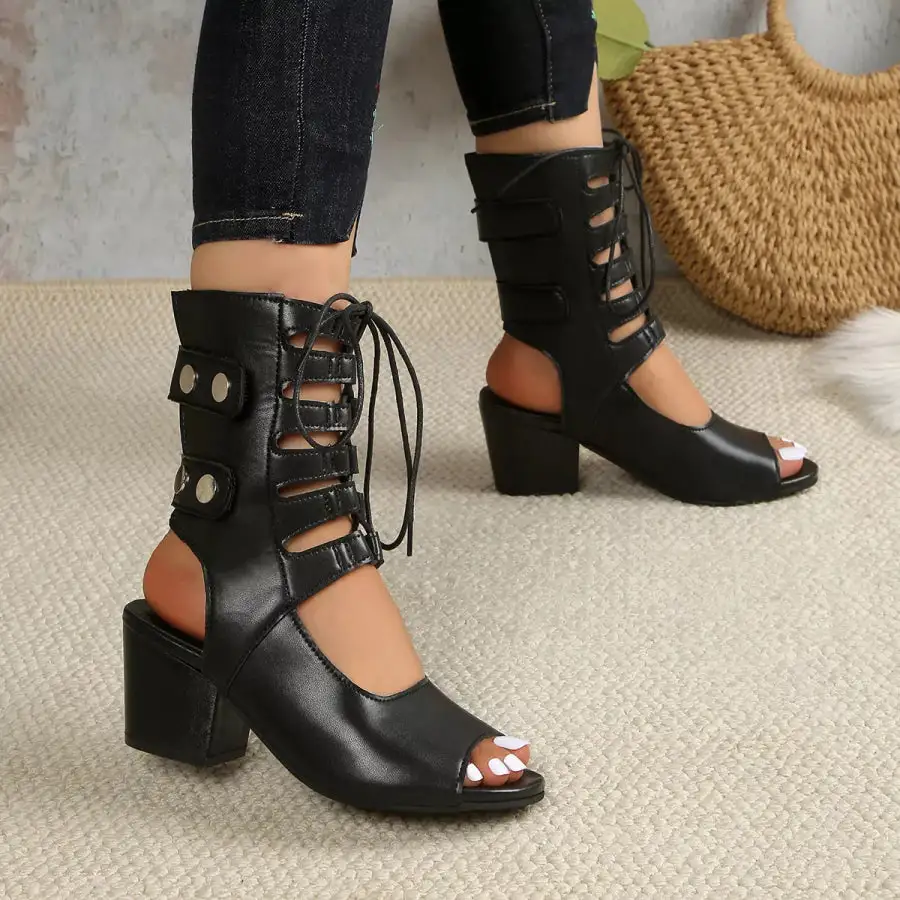 Classic Lace Up Block Heels Sandals