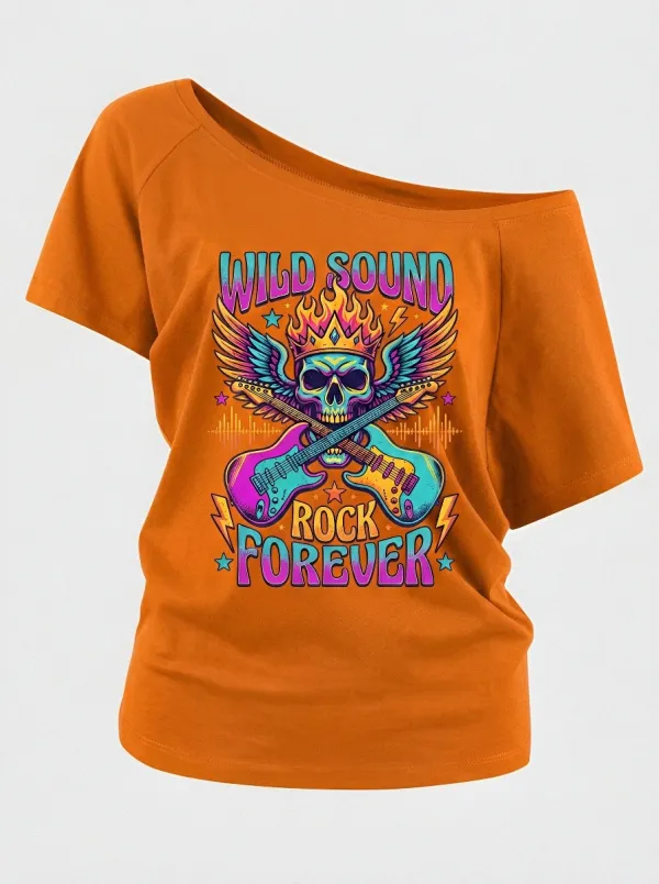 Women's Rock Music Lover Flaming Skull Guitar Printed Off-Shoulder Top
