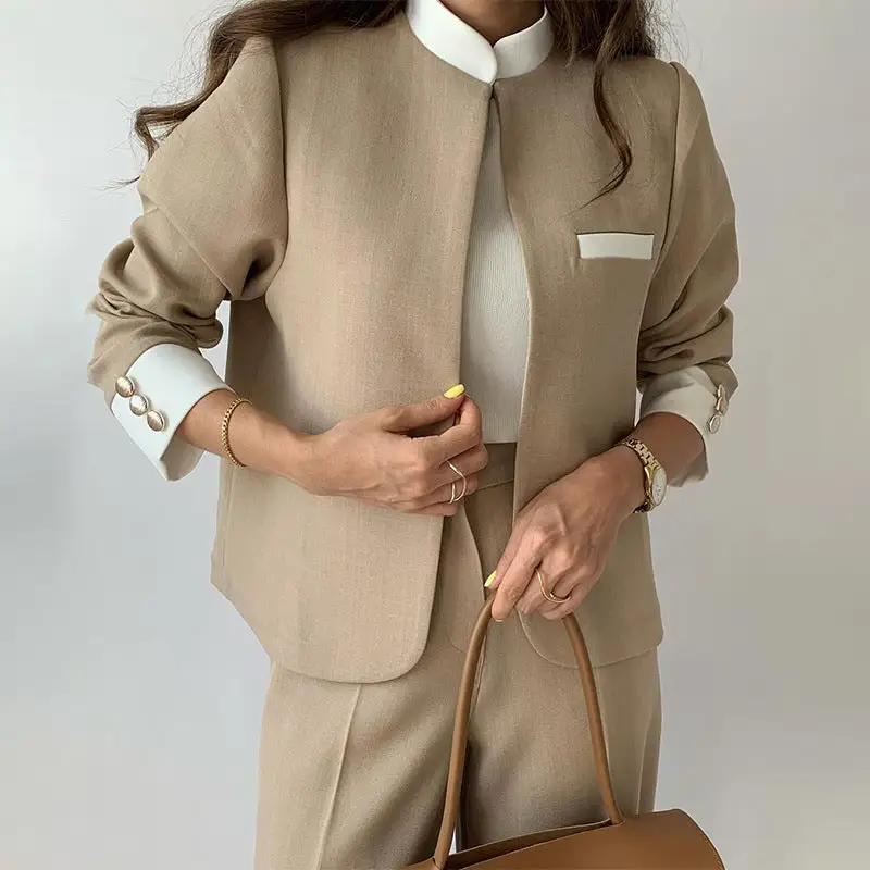 Women's Collarless Blazer & Pleated Straight Leg Trouser Set