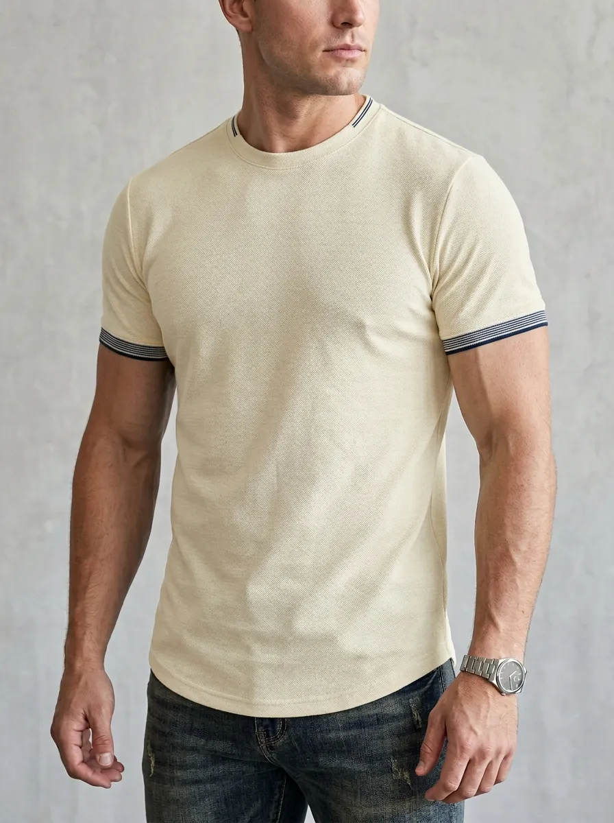 Modern Ribbed Curved Hem Clean Look Men's Slim Fit Short Sleeve T-Shirt