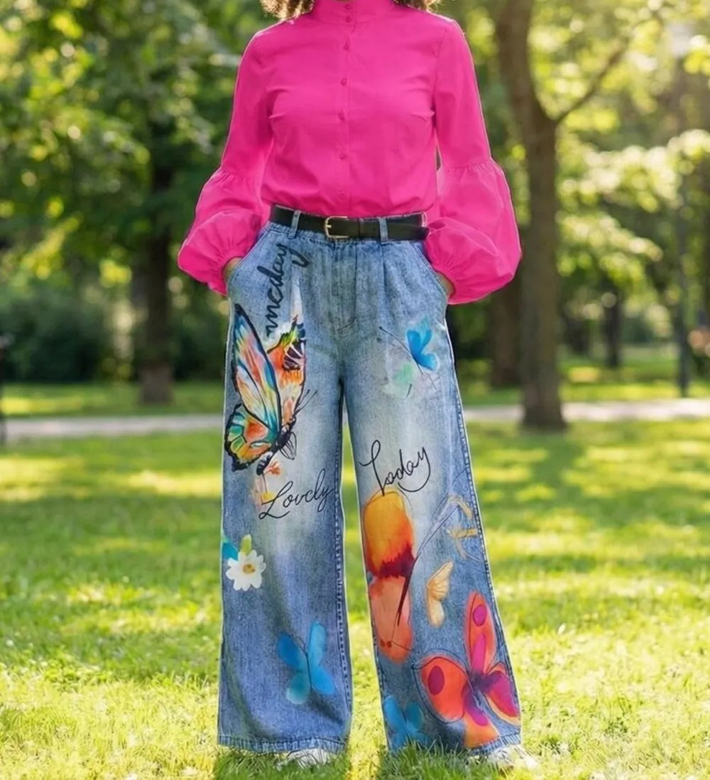 Knit Denim Statement Pants Butterfly Print Wide Leg S 2xl