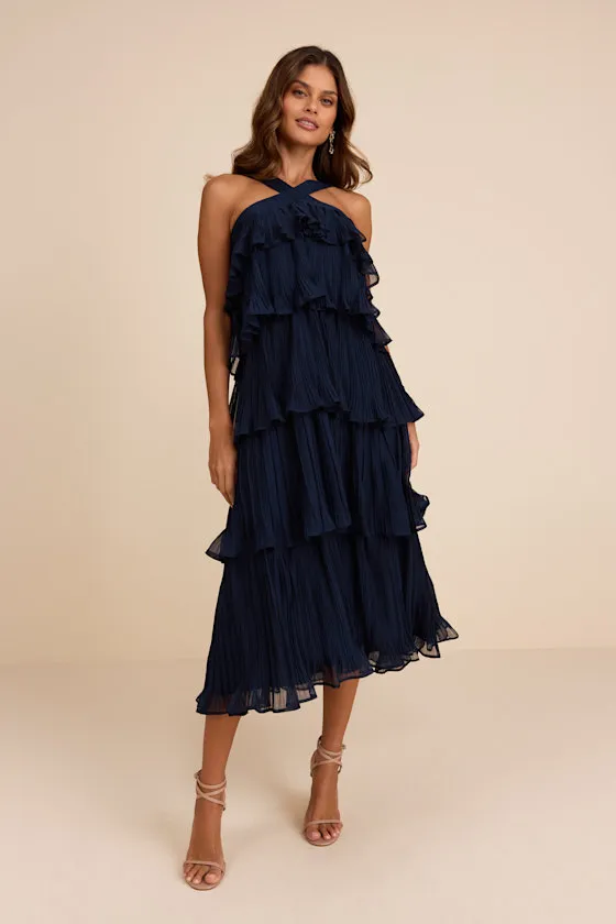 Lauretta Navy Plisse Tiered Midi Dress
