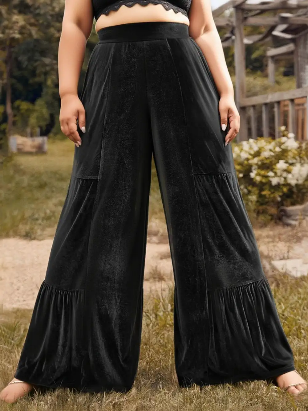 Classic Plus Size Velvet Ruffle Hem Wide Leg Pants