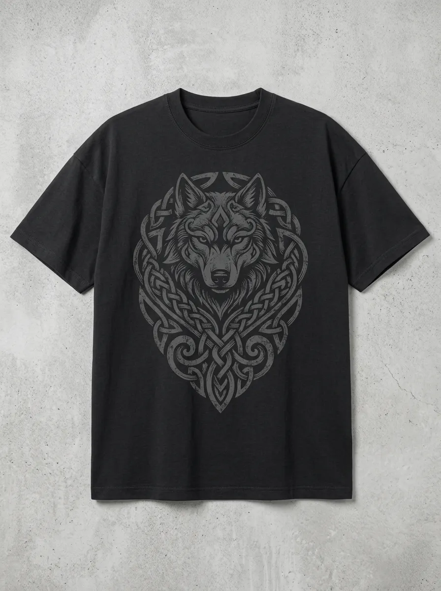 Men's Black Wolf Drop-Shoulder Crew-Neck Short-Sleeve Chest-Sleeve Knotwork T-Shirt