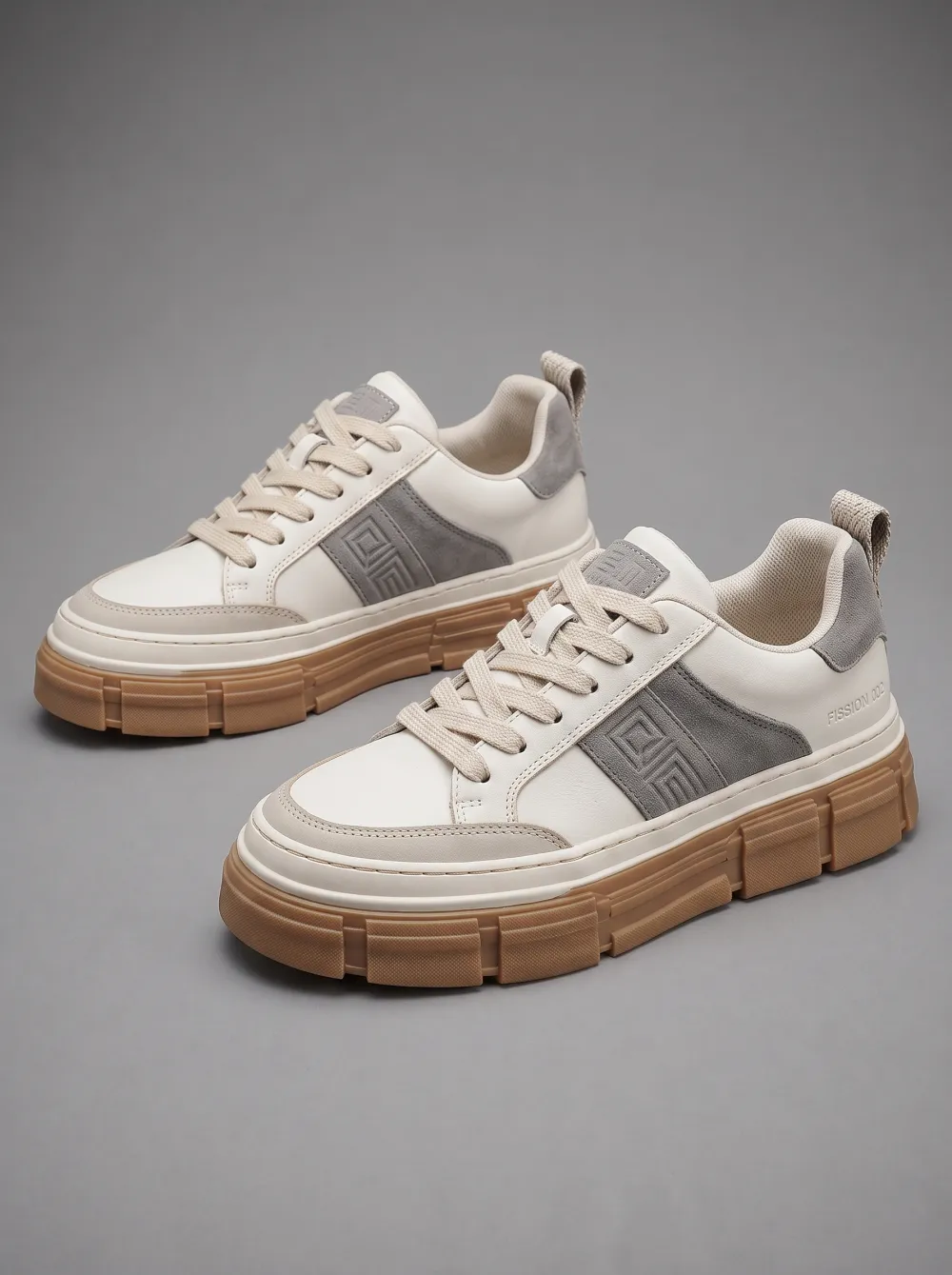 Men's Geometric Pattern Beige Grey Chunky Sole Printed Shoes
