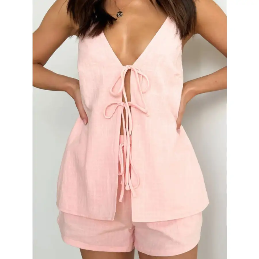 Tied Front Halter Neck Top and Shorts Set