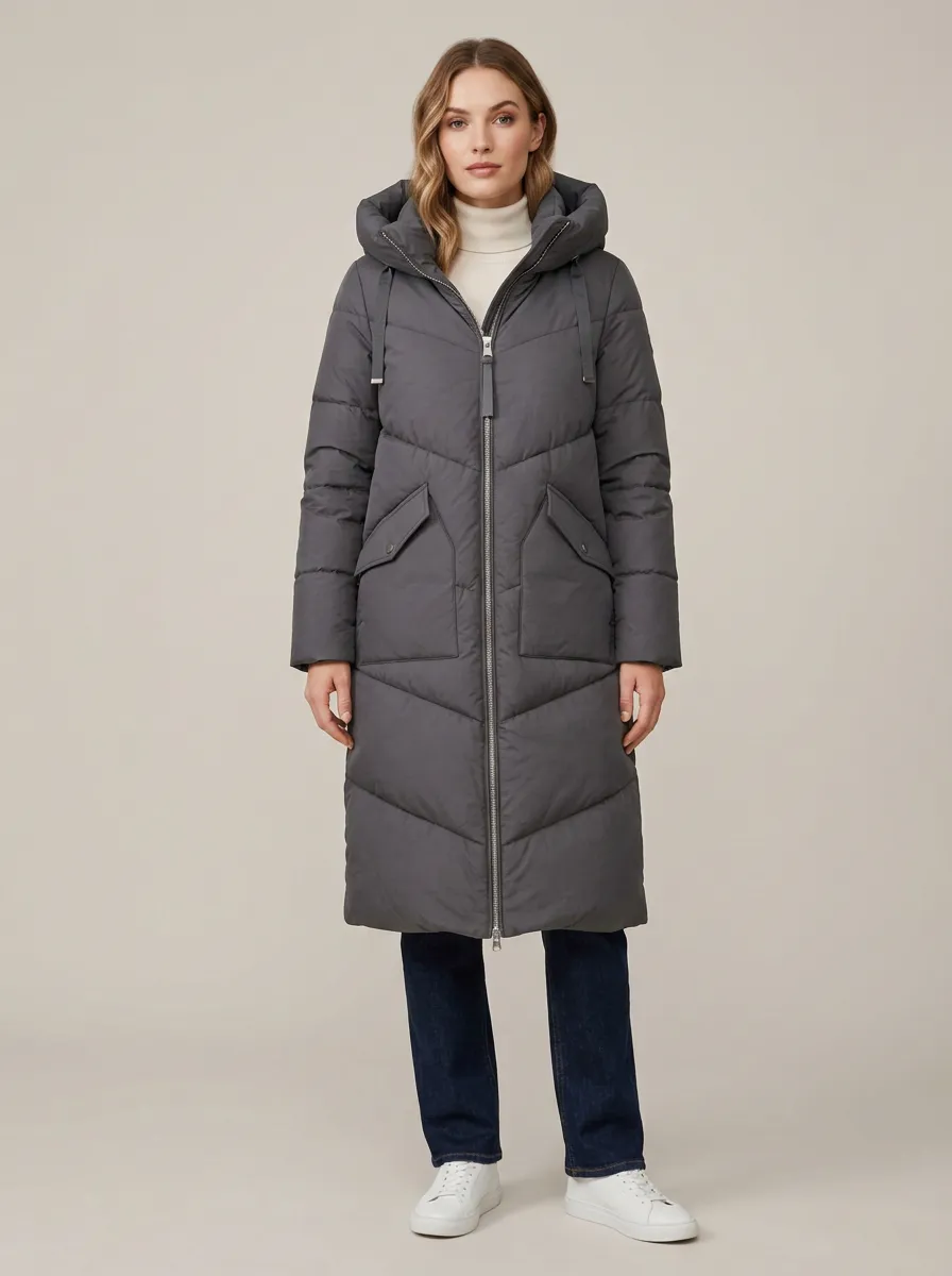 Classic-Layer Chevron-Quilted Long Hooded Coat