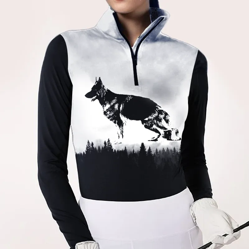 Women's Riding Style German Shepherd Dog Print Long Sleeve Casual Shirt