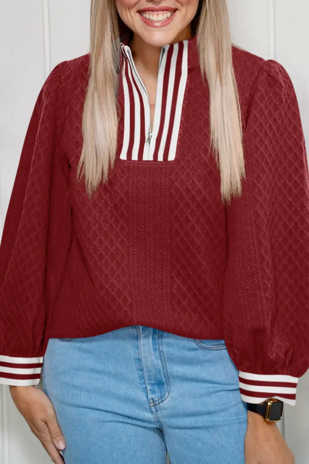 Striped Patchwork Textured Zip Pullover Sweatshirt
