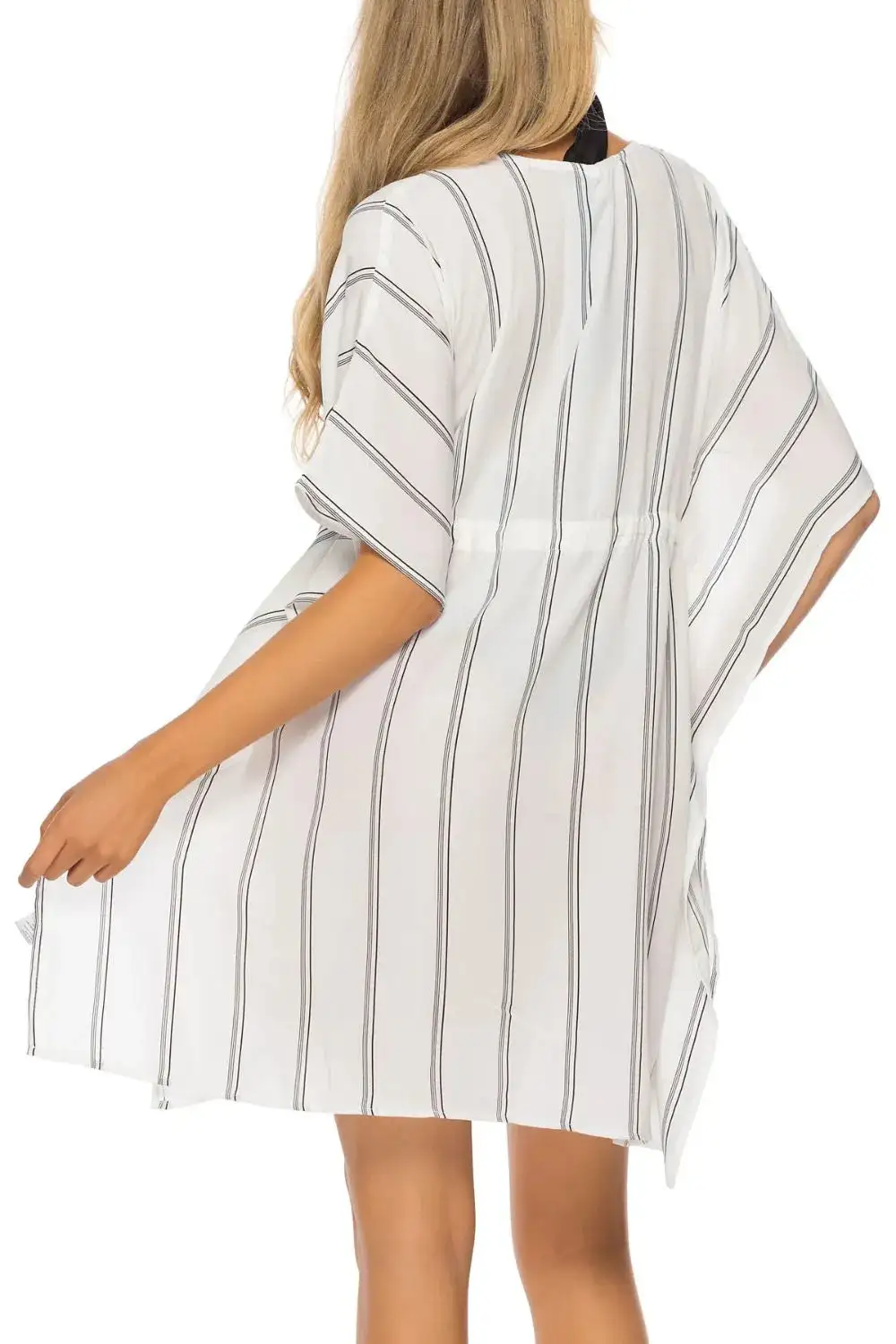 Drawstring Striped V Neck Swim Cover Up