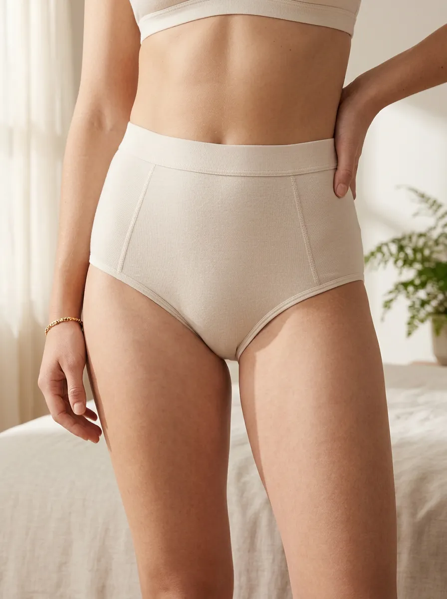 Women's Home Comfort Beige Ribbed High-Waisted Printed Panties