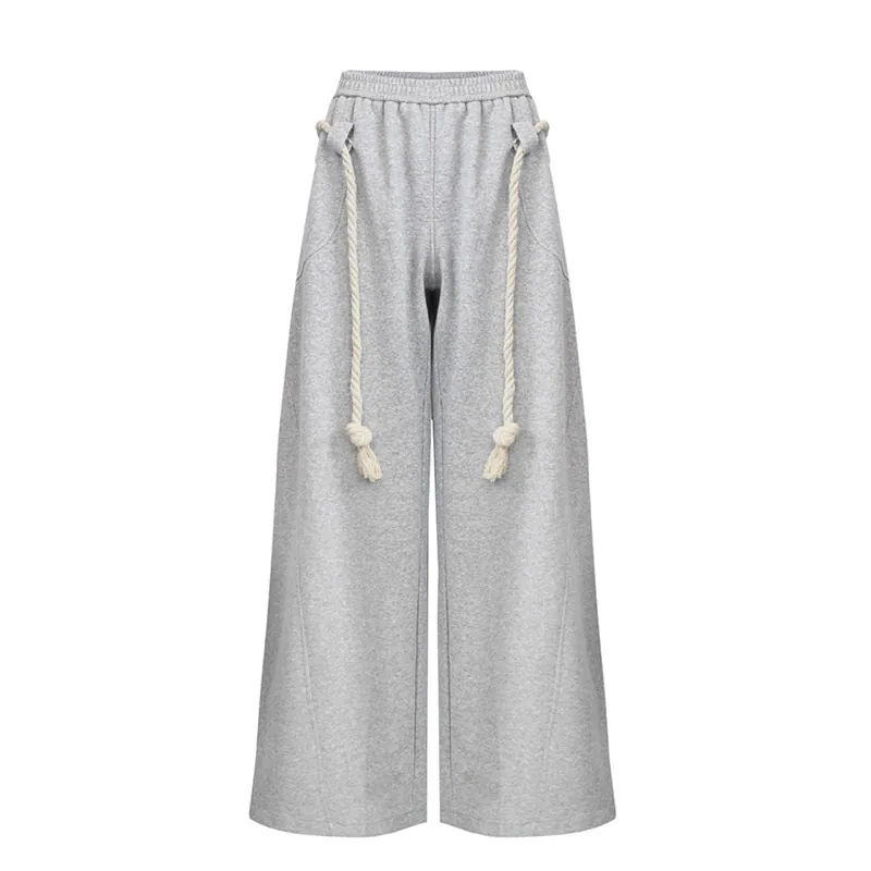 Grey Rope-Detail Curved Cotton Pants