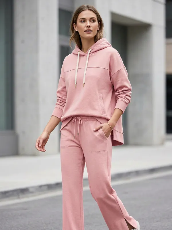 Women's Casual Minimalist Beige Solid Color Printed Hoodie Sweatpants Set