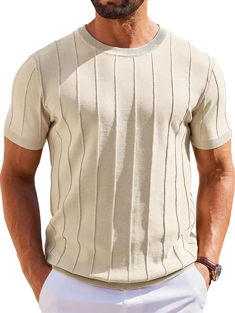 Casual Short Sleeve Ribbed Knit Pullover Tee