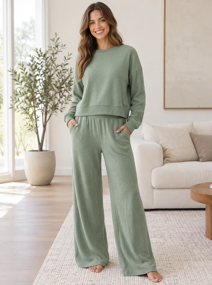 Women's Casual Homewear Wide Leg Loungewear Set