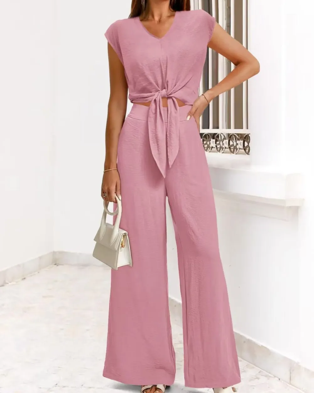 Belted V-Neck Crop Top and Wide-Leg Pants Two-Piece Set