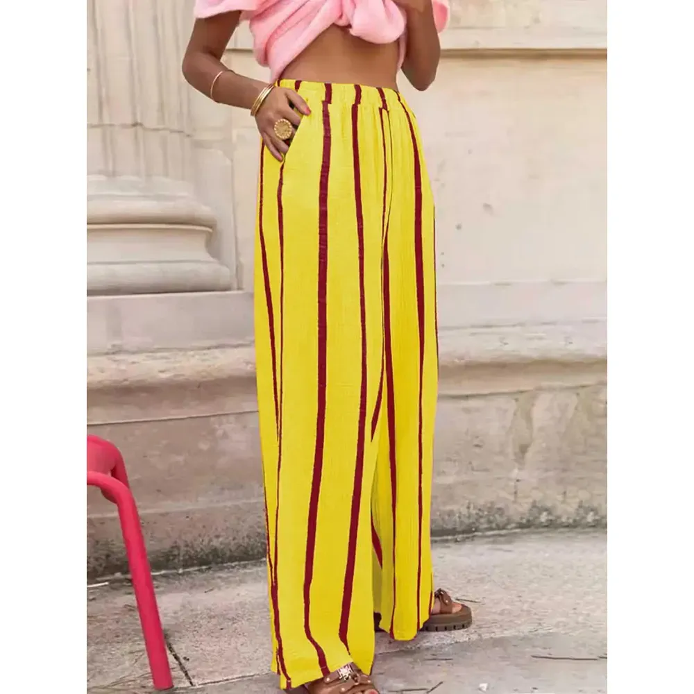 Women's Linen Striped Print Wide Leg Pants