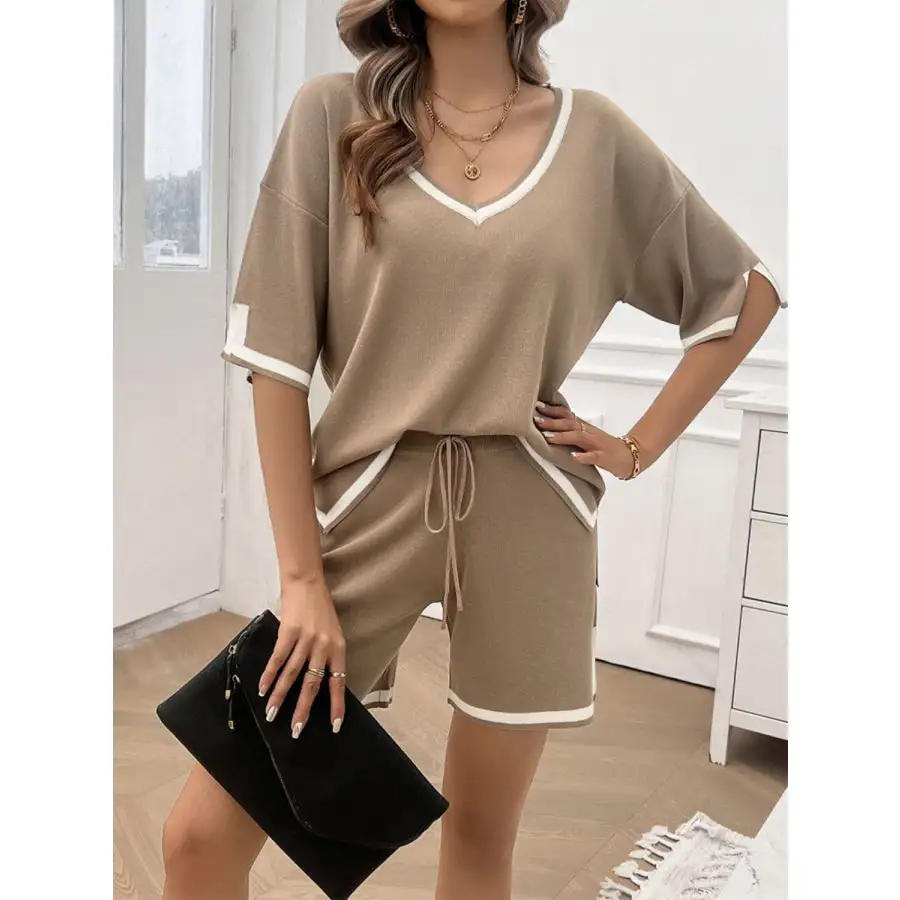 Contrast Trim V Neck Top and Shorts Set