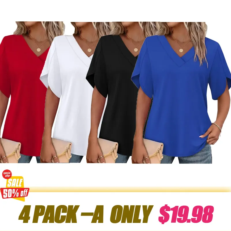 Women's Summer Short Petal Sleeve Blouse, V‑Neck Casual Top