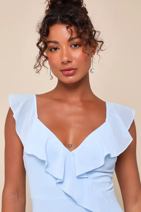 Charming Event Light Blue Asymmetrical Ruffled Maxi Dress