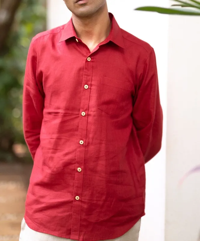 Red Linen Button-Up Shirt