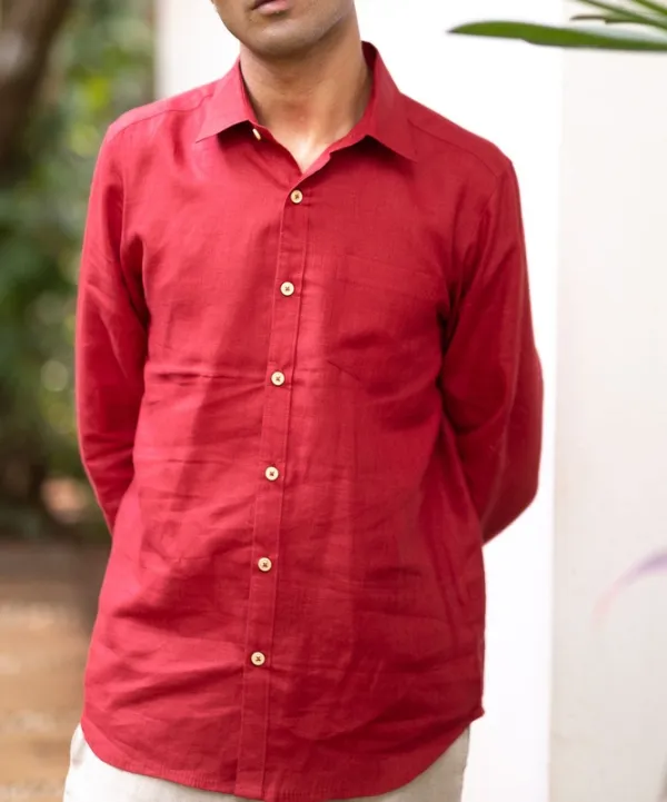 Red Linen Button-Up Shirt