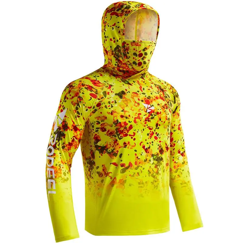 Men UPF 50+ UV Sun Hoodie Shirts with Mask Neck Gaiter  Protection Raglan Long Sleeve Lightweight Quick Dry Moisture Wicking Breathable Cooling Athletic Activewear