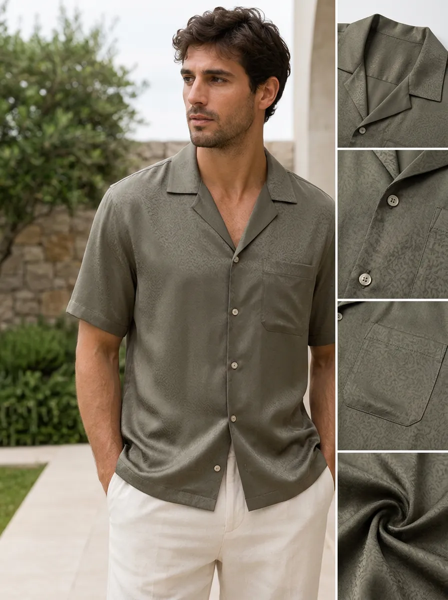 Men's Minimalist Olive Green Textured Pattern Printed Camp Collar Shirt