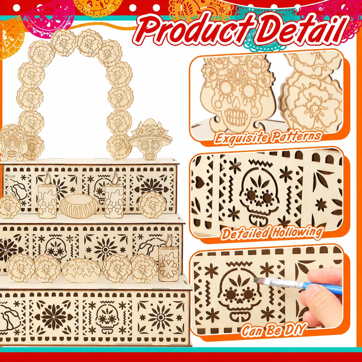 3-Tier Day of the Dead Wooden Altar Display Set - Detailed Hollowed Patterns