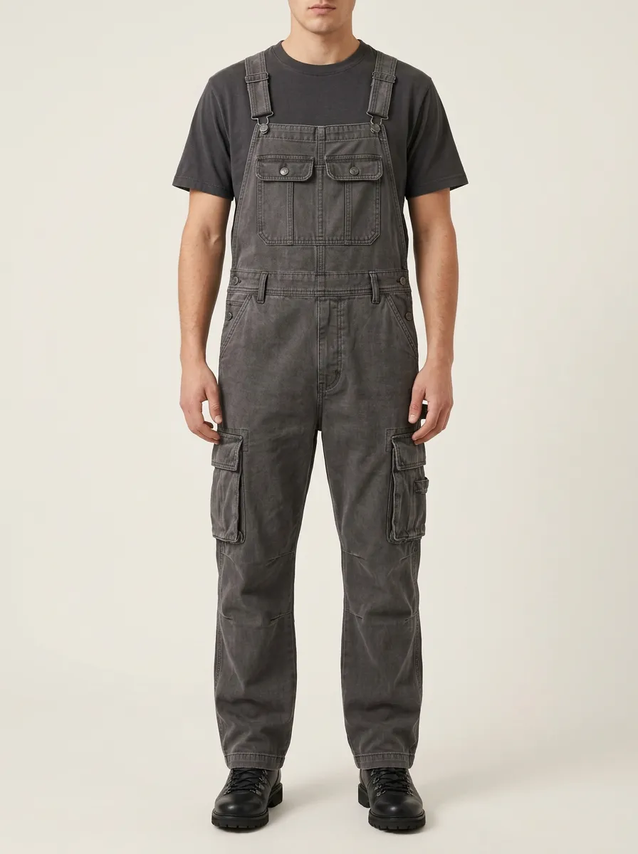 Men's Casual Workwear Washed Grey Cargo Dungarees