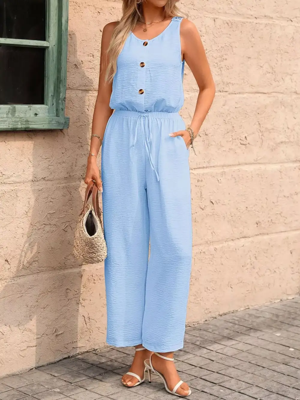 Sleeveless Button Front Wide Leg Jumpsuit