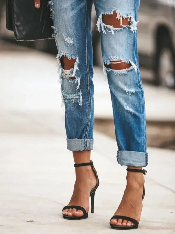 Straight Leg Ripped Washed Denim Jeans