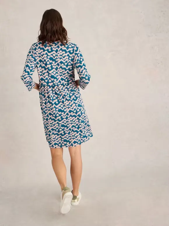 Jersey Knee Length Dress In Teal Print