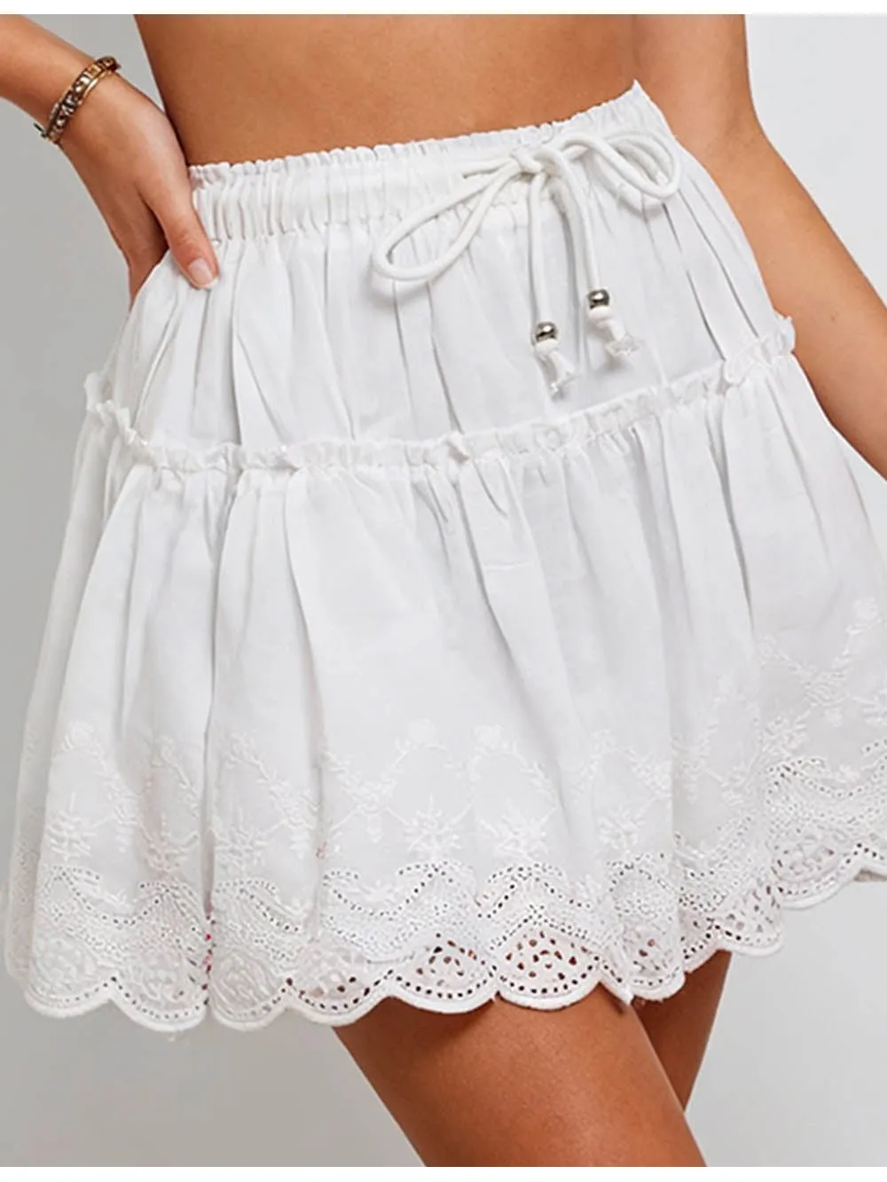 Eyelet Front Elastic Waist Mini Skirt