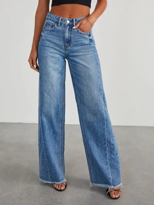 Wide Leg Frayed Hem Seam Denim Jeans