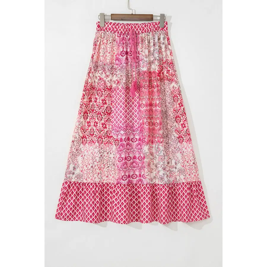 Printed Tassel Drawstring High Waist Maxi Skirt
