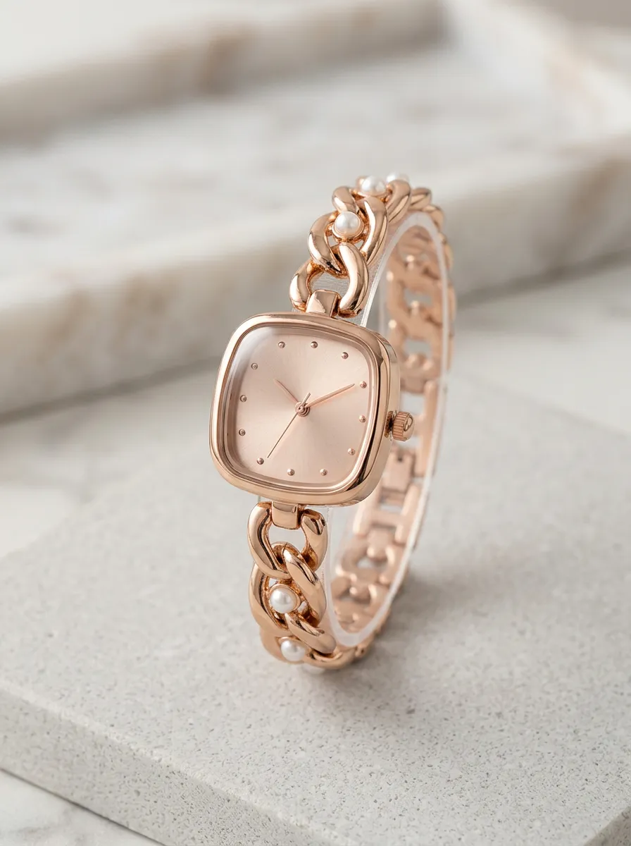 Rose Gold Chain-link Pearl Accent Watch