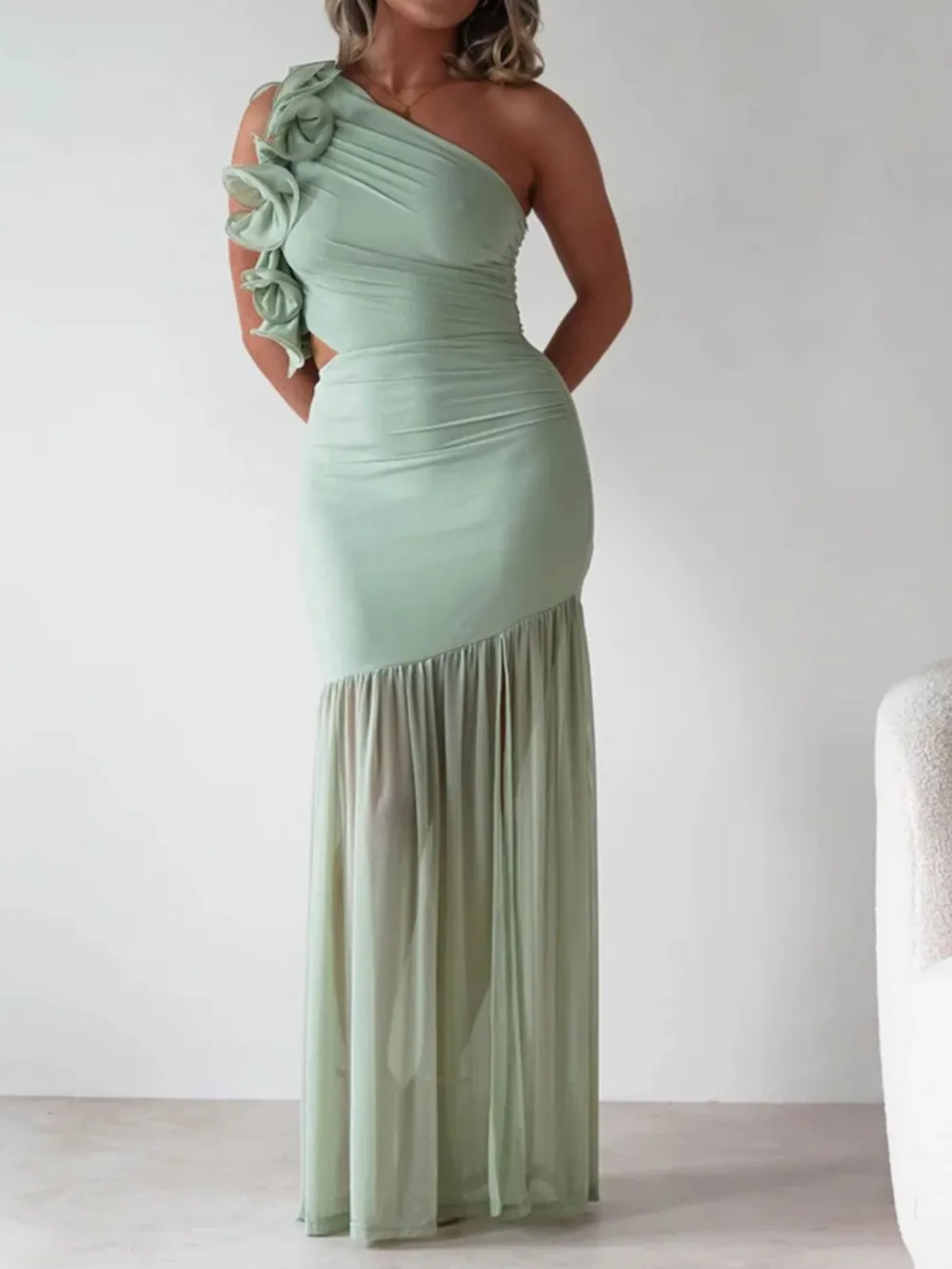Gathered Detail Ruffle Maxi Dress