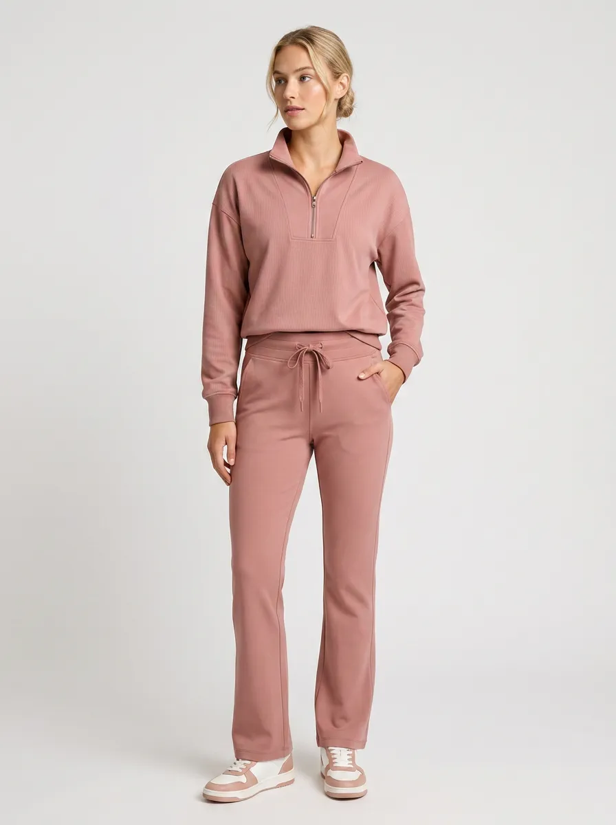 Women's Casual Dusty Rose Quarter-Zip Pullover and Jogger Lounge Set