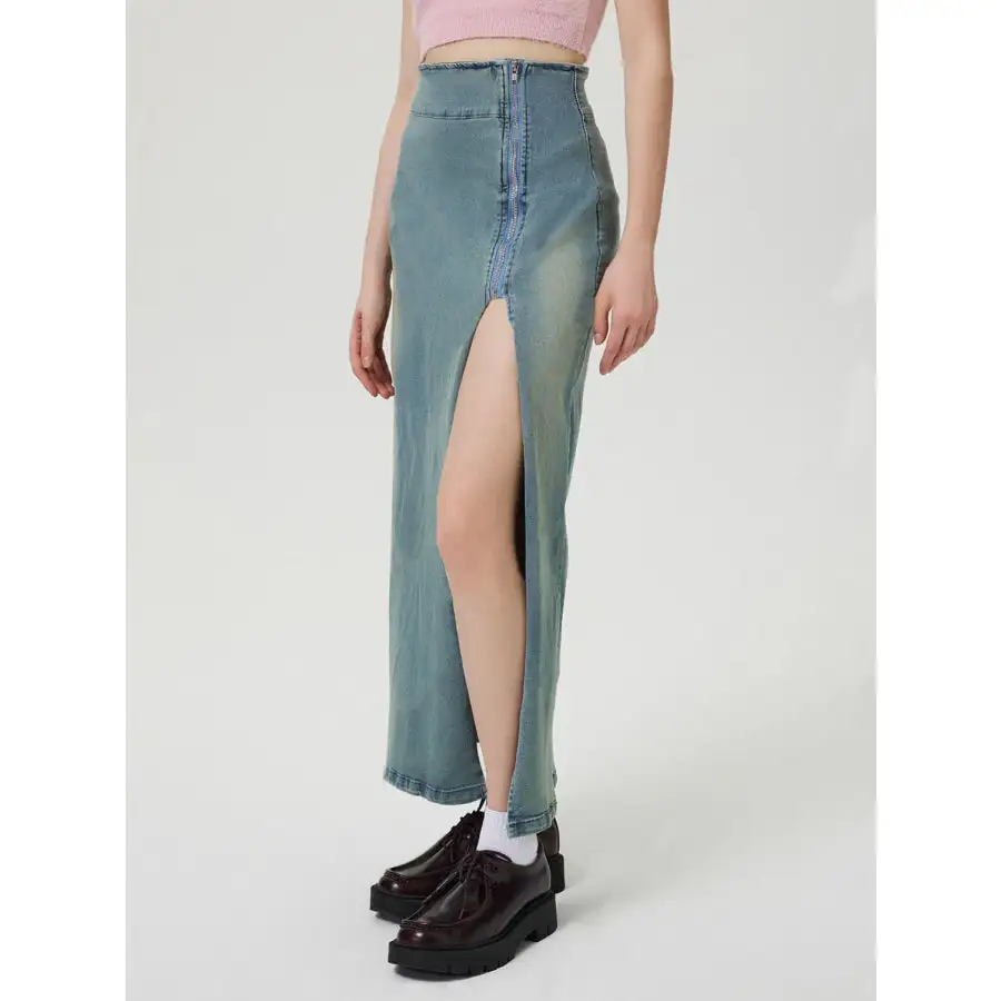 Slit Denim Skirt with Zip
