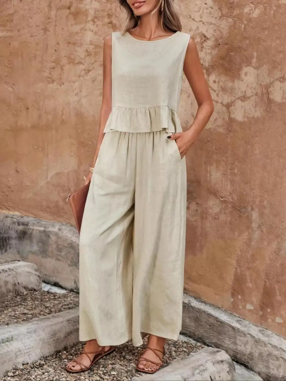 Sleeveless Ruffle Hem Top and Wide Leg Pants Two
