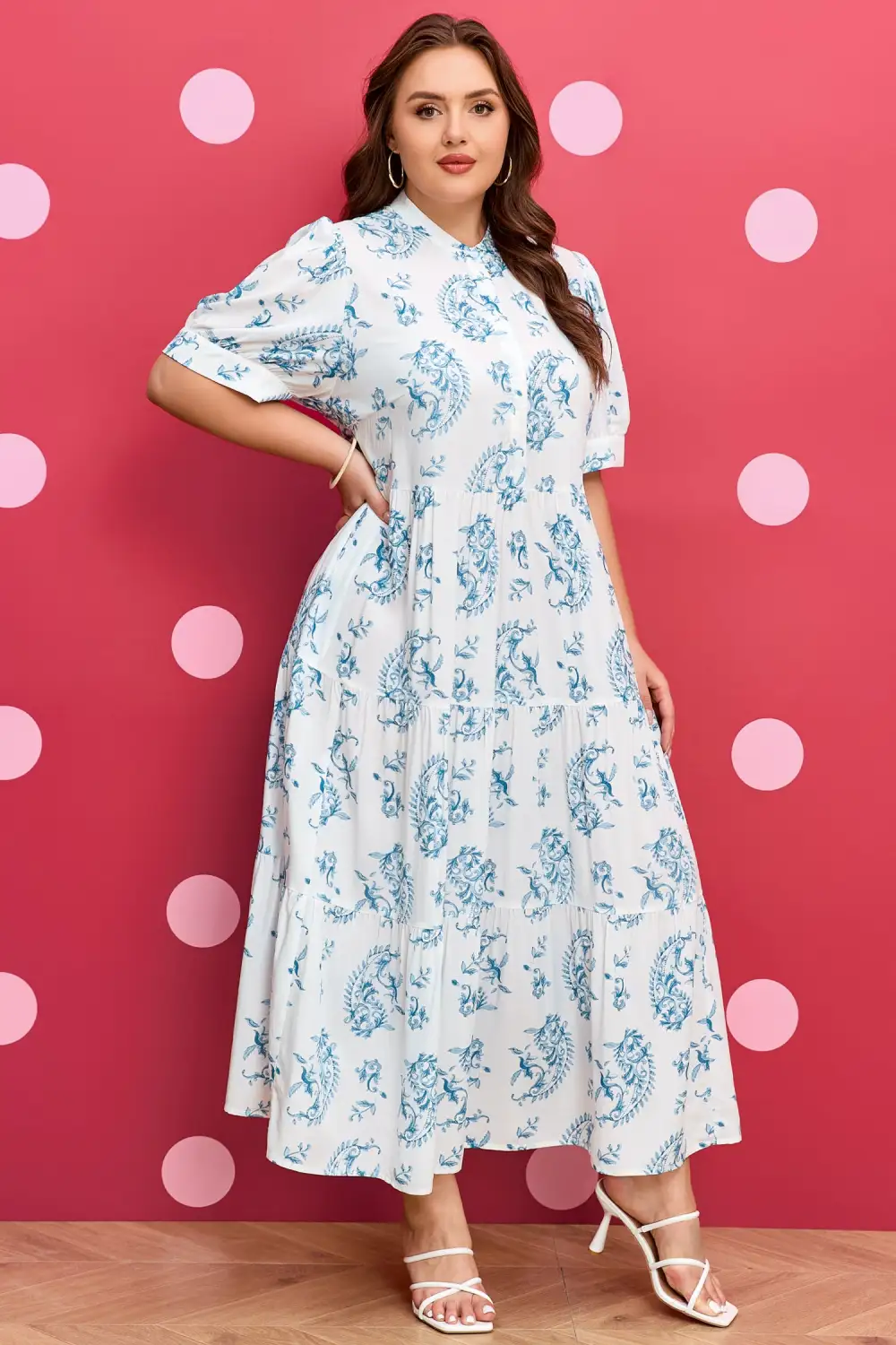 Floral Geometric Print Split Neck Maxi Dress
