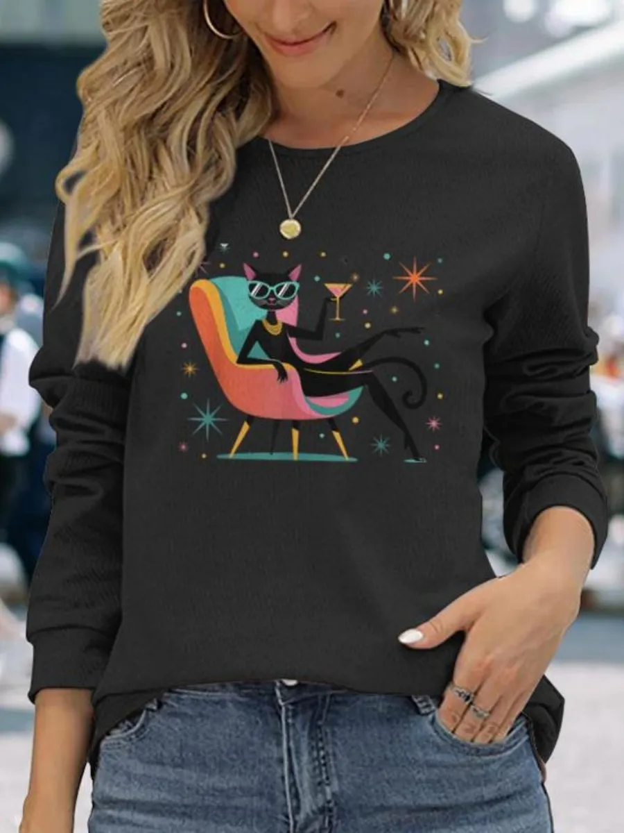 Cool Black Cat Printed T-Shirt